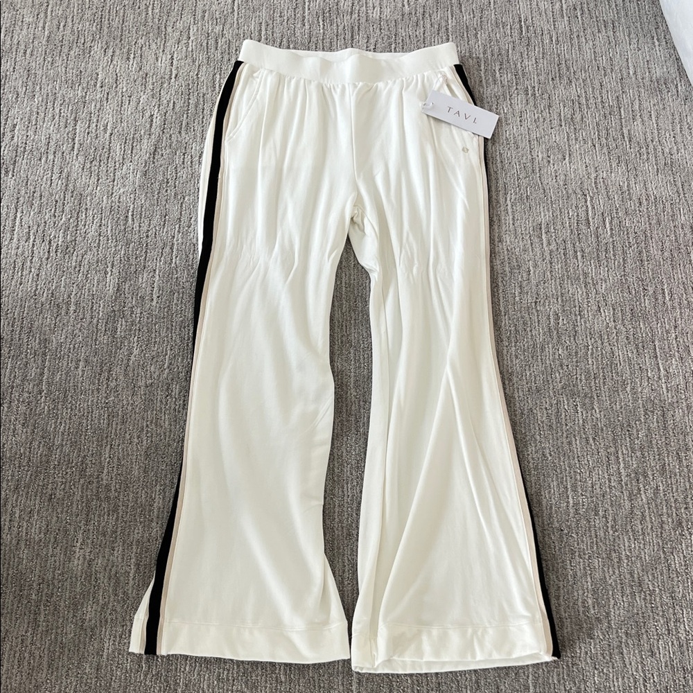 TAVL Women's Wide Leg Track Pants in White with Black Side Stripe